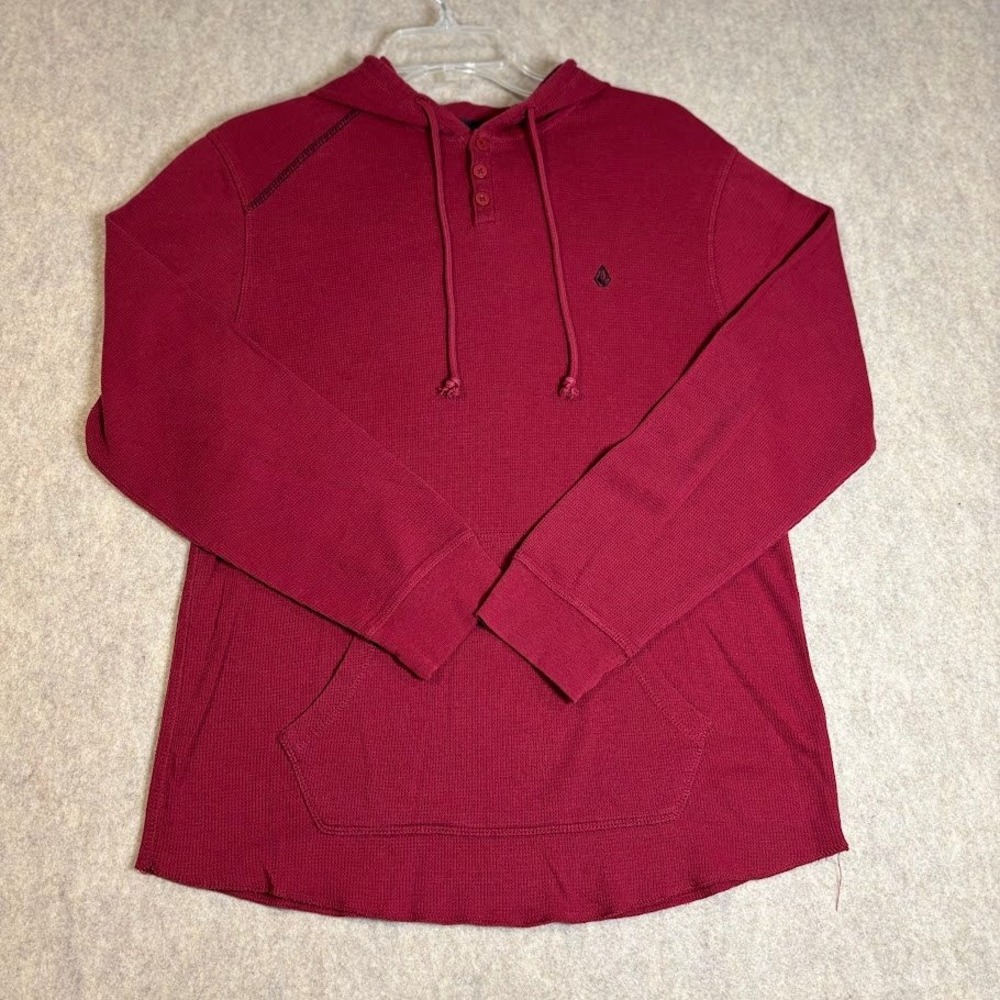 Volcom Hoodie Henley Mens Medium Red Waffle Knit Thermal Skate Classic Pullover